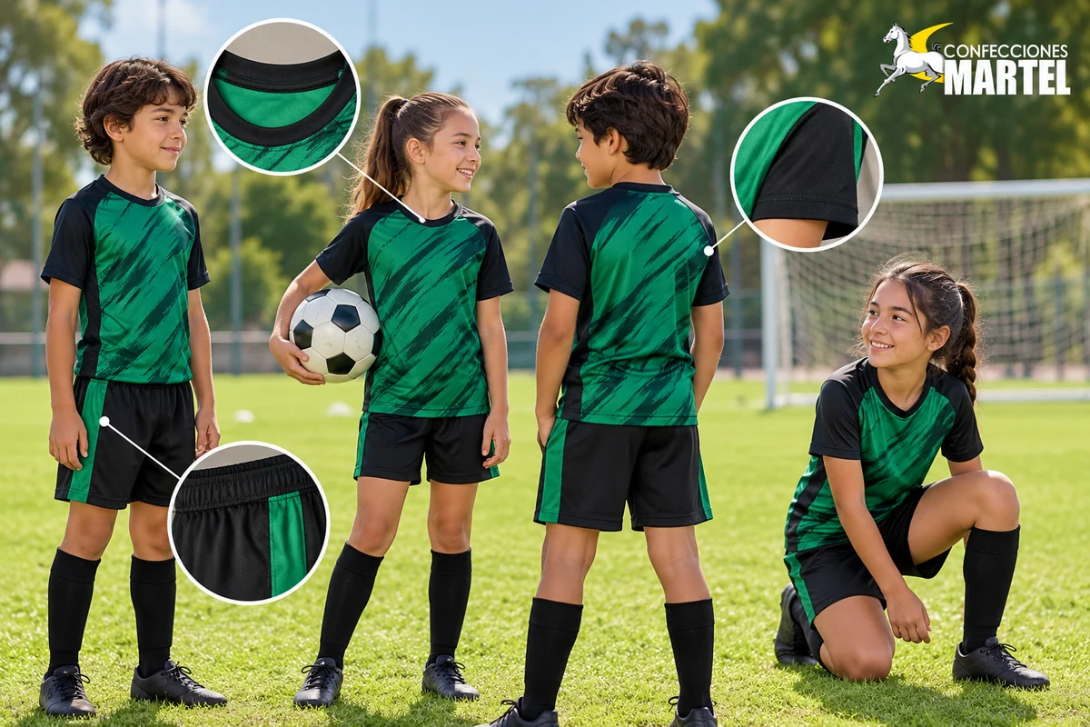 Modelos infantiles con conjuntos verdes y negros y detalles de cuello, manga y cintura.