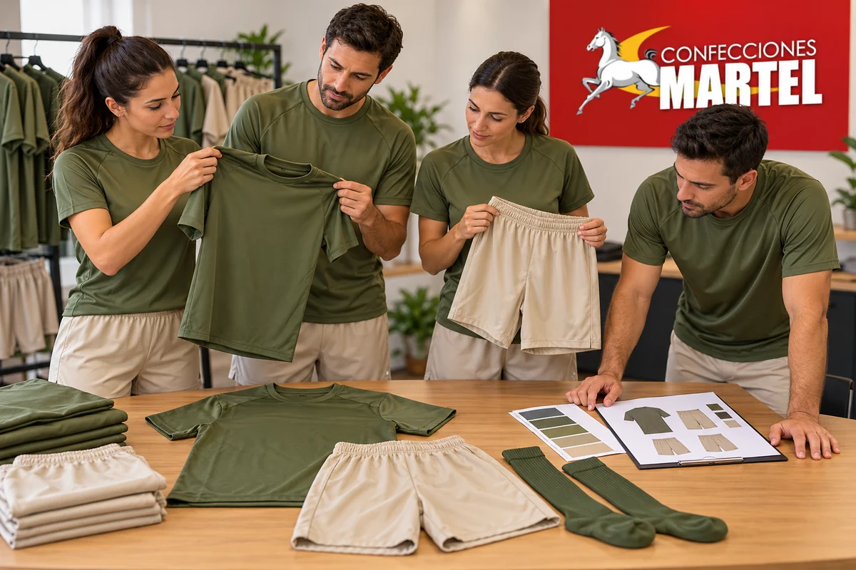Cuatro adultos revisan camisetas oliva, shorts arena, medias verdes y muestras sobre una mesa.
