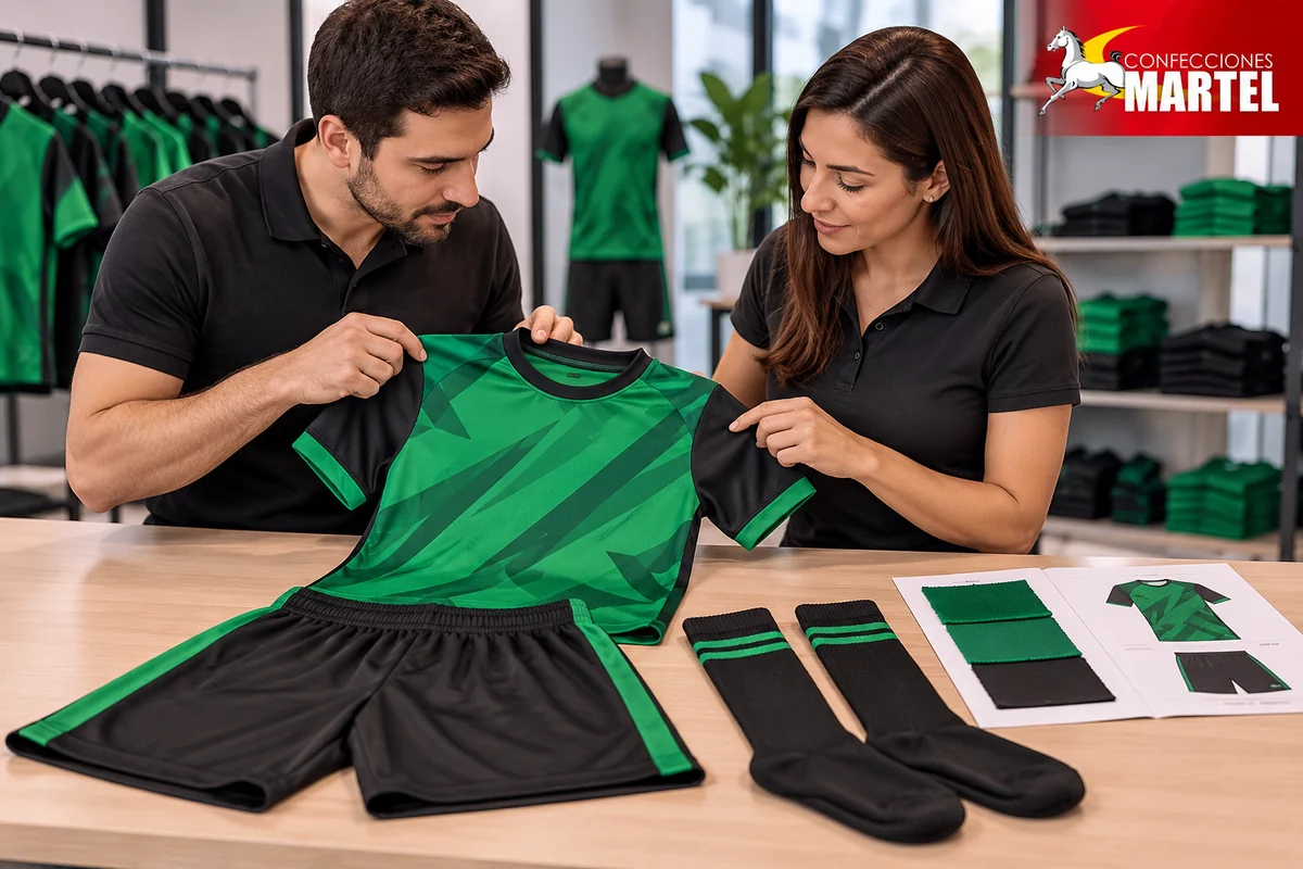 Dos adultos revisan una camiseta verde y negra, short, medias y muestras sobre una mesa.