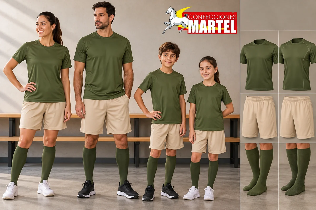 Adultos y niños ficticios muestran conjuntos oliva y arena junto a variantes de camisetas, shorts y medias.