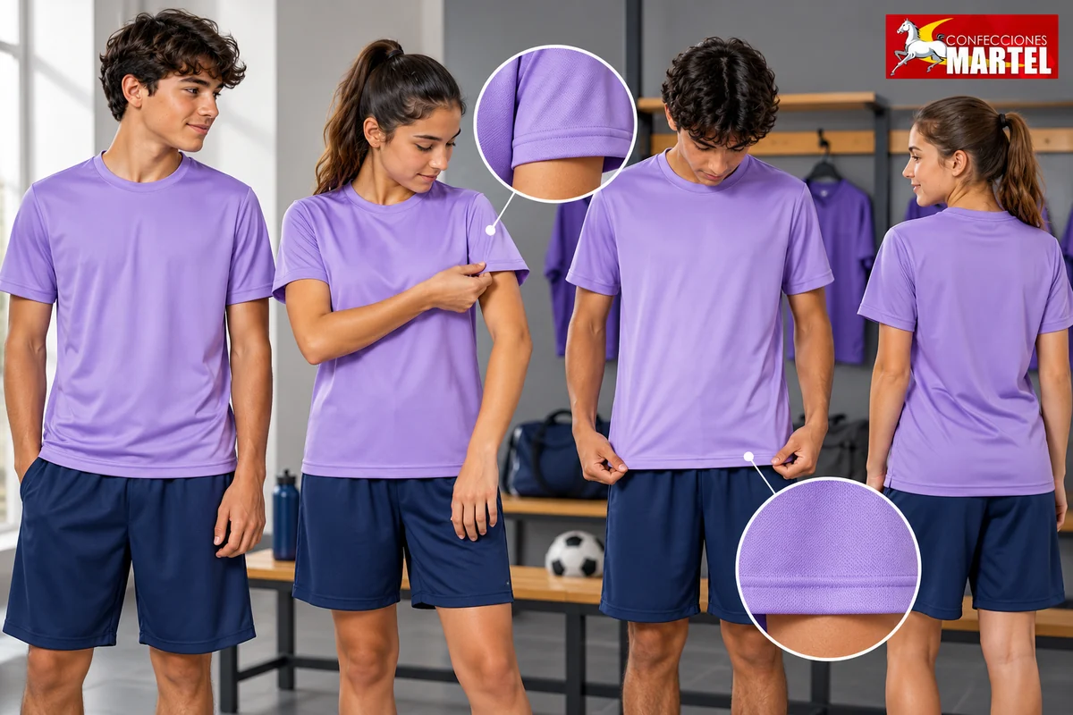 Modelos adolescentes con camisetas lilas y shorts marino en un vestuario con detalles de terminación.