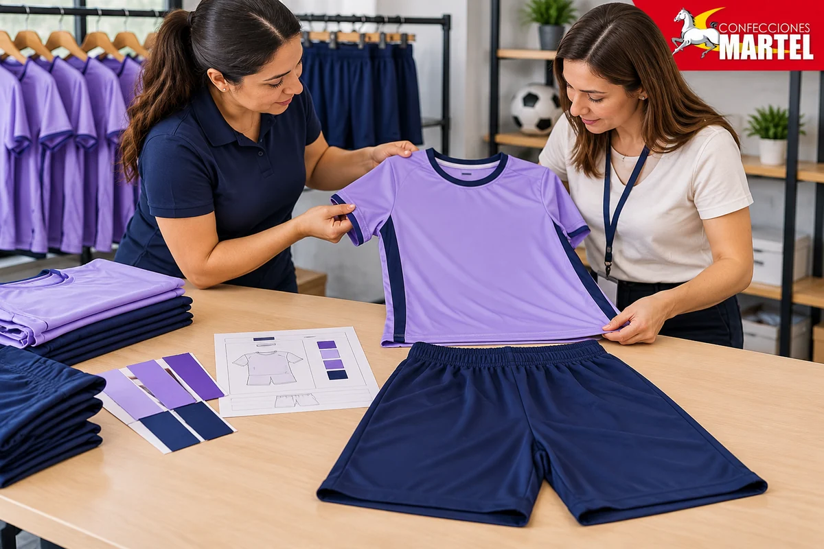 Dos adultas revisan una camiseta lila, short marino, muestras y ficha sobre mesa.
