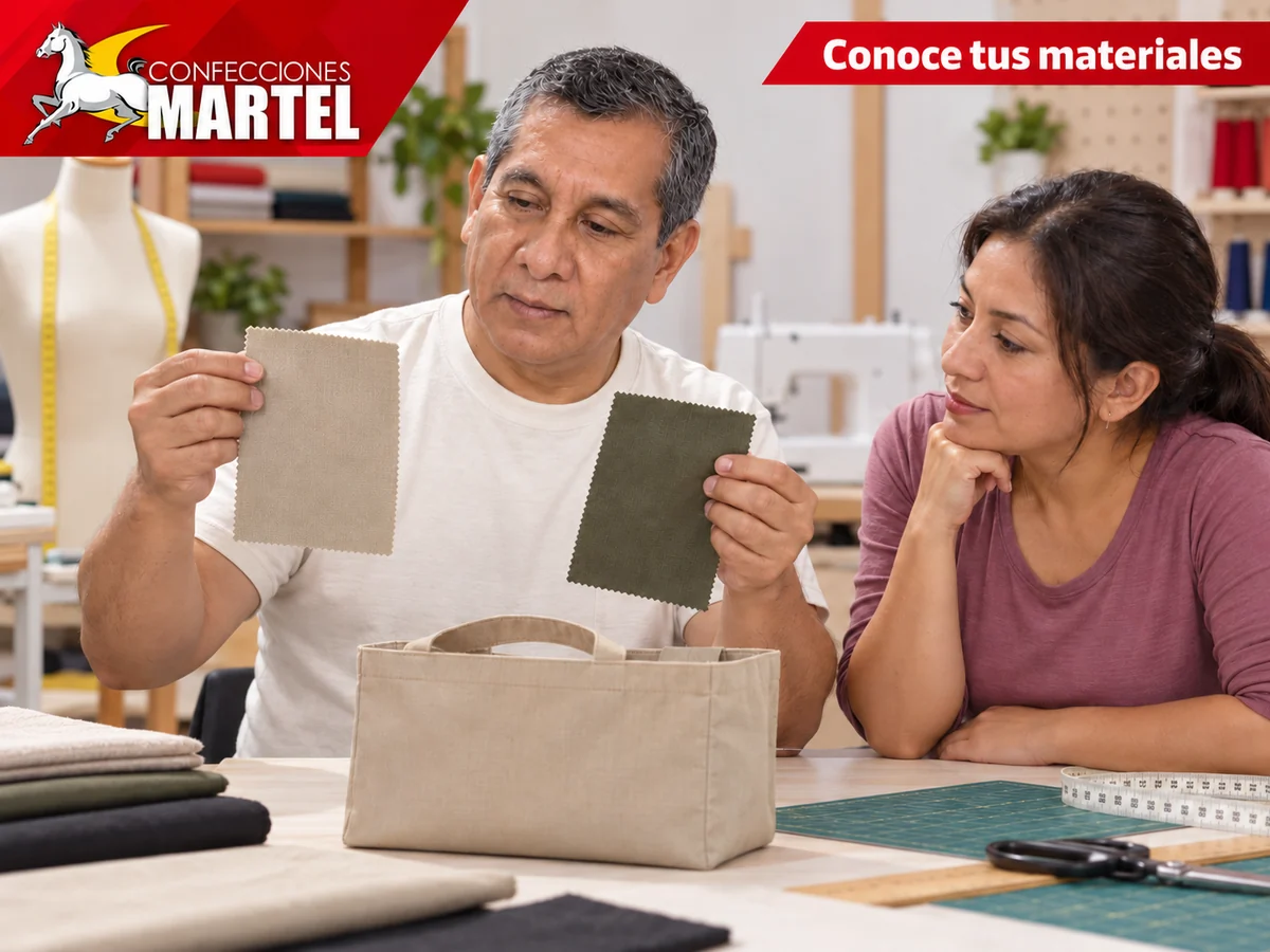 Personaje de referencia compara muestras arena y verde oliva junto a una bolsa sencilla y una participante adulta; escena ilustrativa.