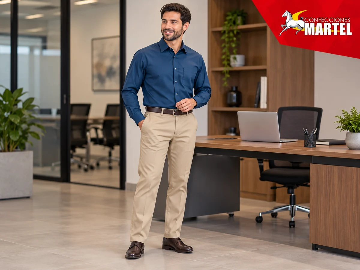 Hombre con camisa azul petróleo y pantalón arena de oficina