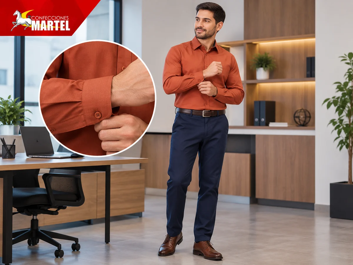 Hombre con camisa terracota pantalón marino y detalle de puño