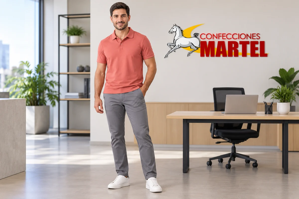 Hombre con polo coral liso y pantalón gris acero