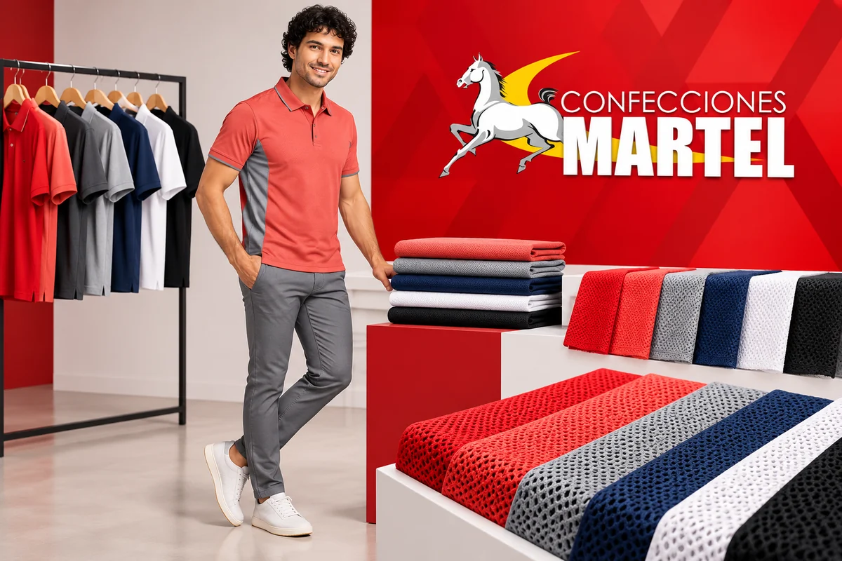 Hombre con polo coral panel lateral gris y muestras de telas