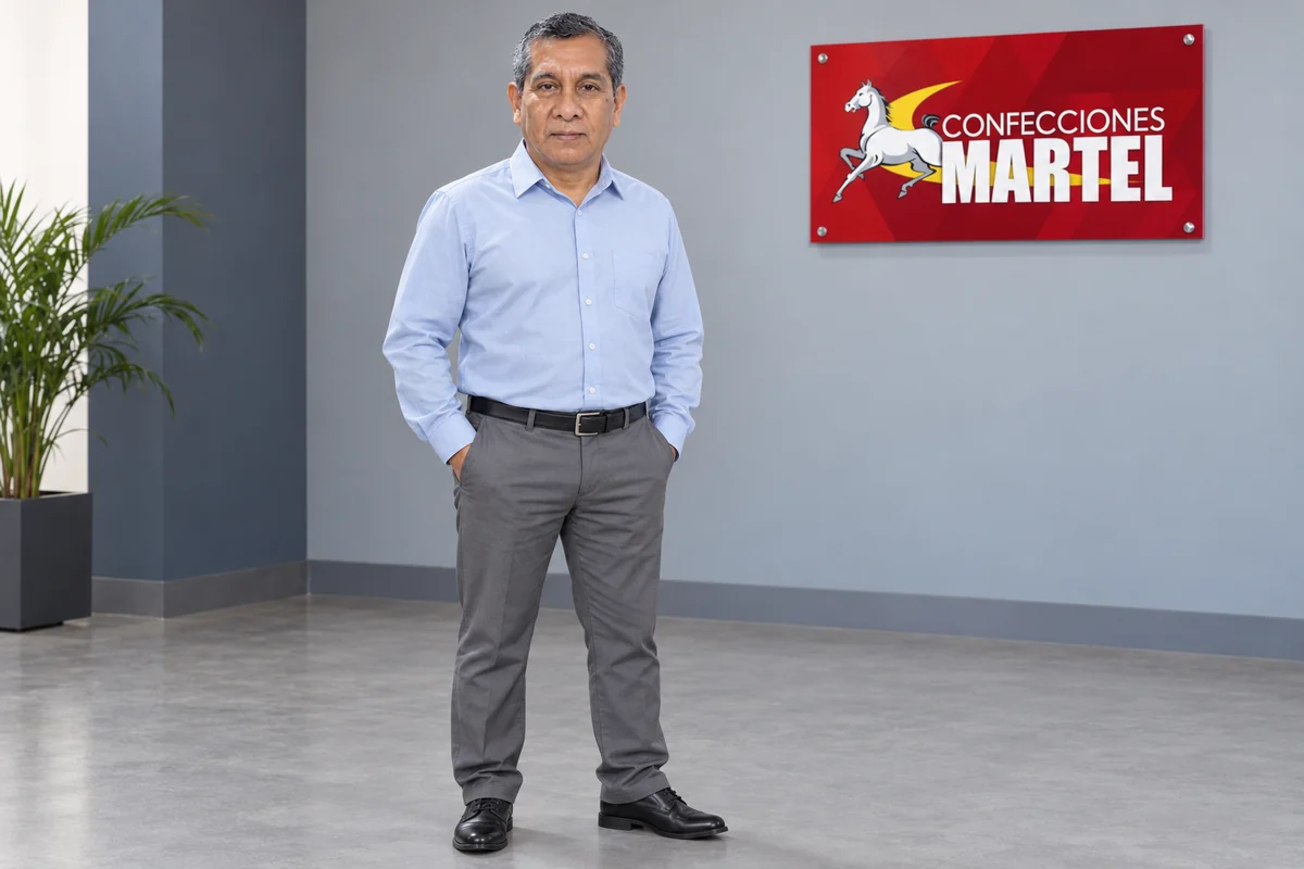 Modelo de muestra con camisa azul claro pantalón gris: vista general