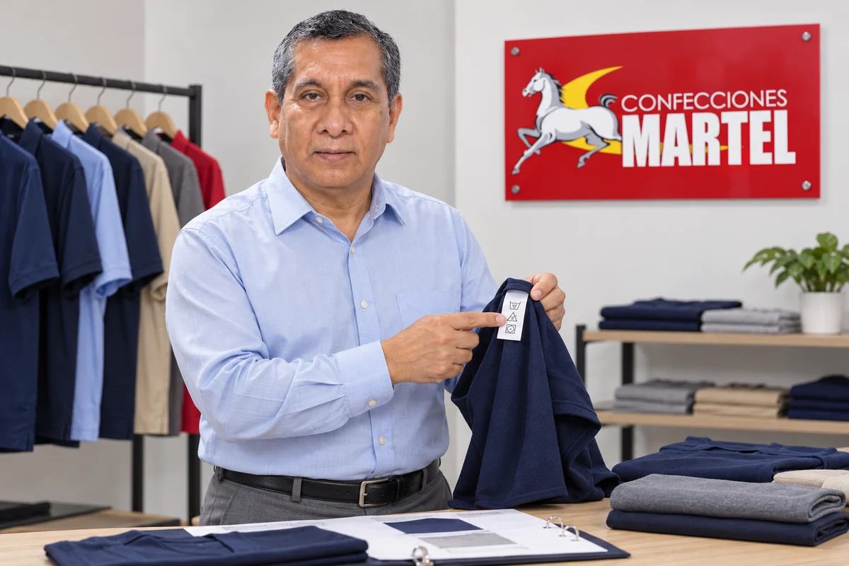 Modelo de muestra con camisa azul claro pantalón gris: Leer instrucciones antes de lavar