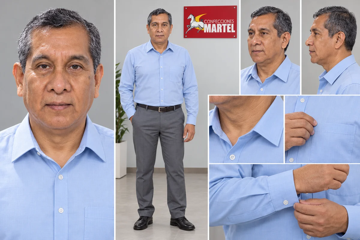 Modelo de muestra con camisa azul claro pantalón gris: No tratar contaminación como suciedad común