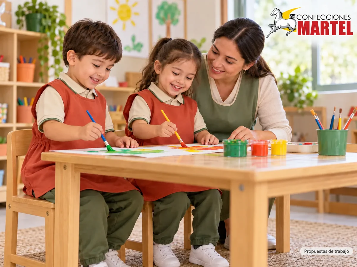 Propuesta ilustrativa Martel: niños pintan papel con adulto, mandil sin tiras largas.