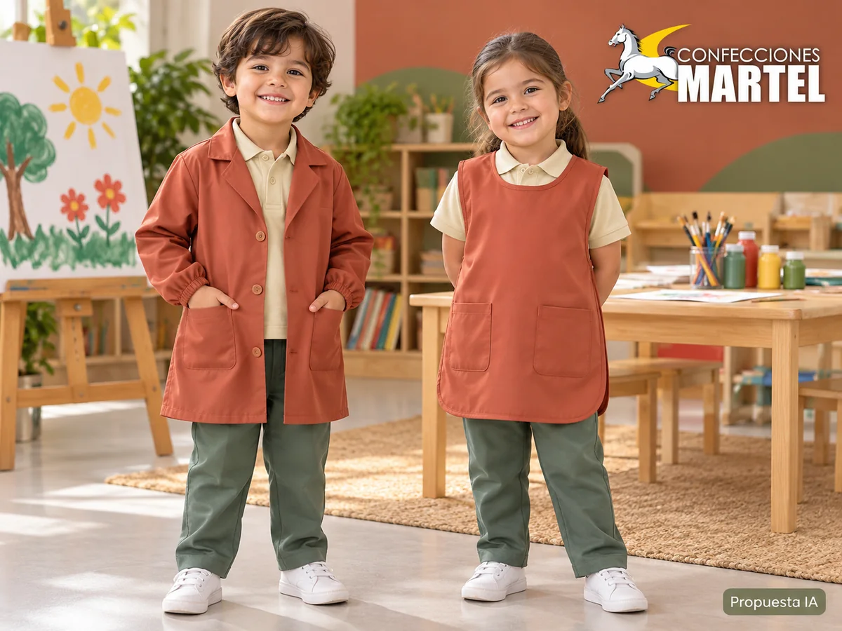 Propuesta ilustrativa Martel: dos niños con mandil tipo bata abierta y delantal de laterales cerrados.