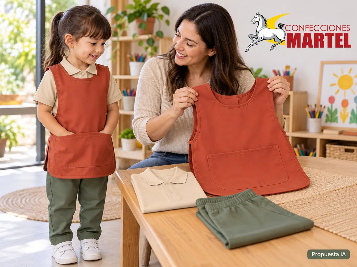 Propuesta ilustrativa Martel: uniforme base y mandil separados junto a adulto.