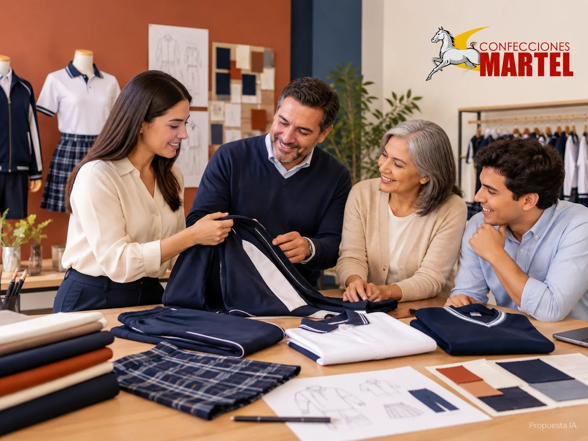 Propuesta ilustrativa Martel: adultos de generaciones distintas conversan junto a prendas en estudio conceptual.