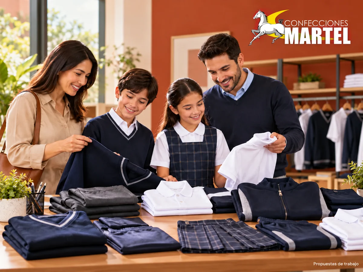 Escena ficticia de dos adultos y dos escolares junto a una mesa de camisas, chompas y pantalones; propuesta Martel.