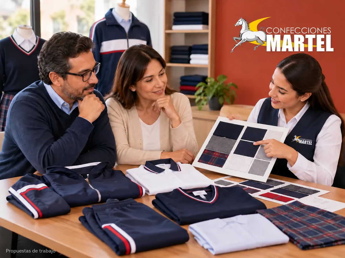 Tres adultos ficticios revisan muestras de color y prendas escolares; visualización de propuesta, no personal ni clientes reales de Martel.
