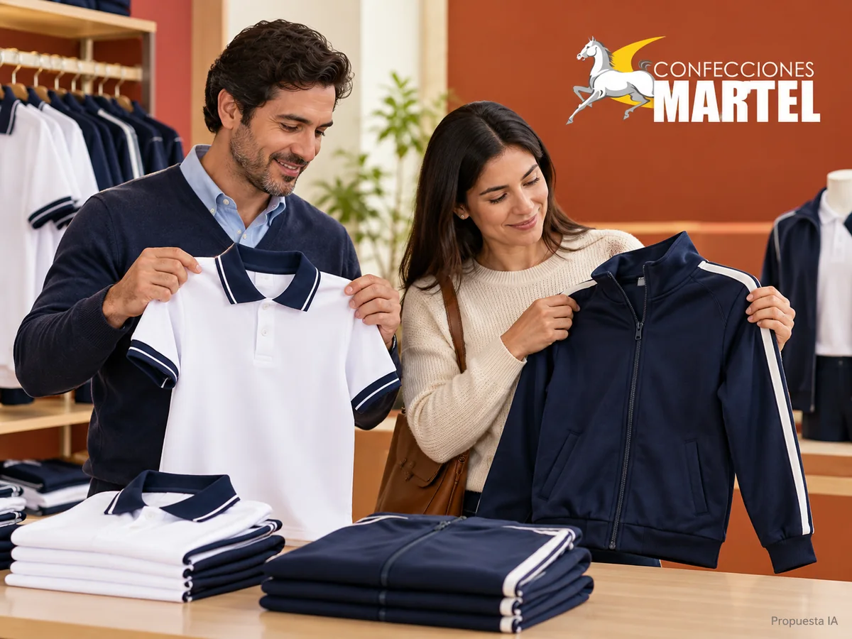 Propuesta ilustrativa Martel: adulto revisa polo y casaca, identidad martel editorial separada.