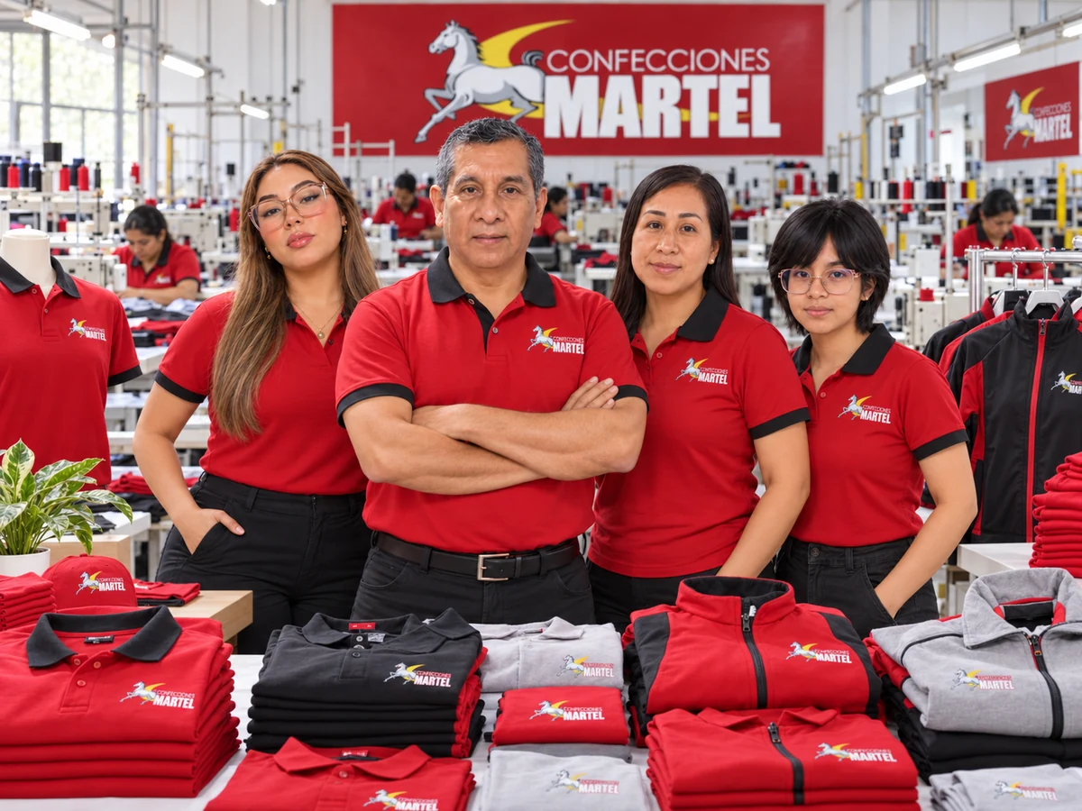 Escena de presentación de Martel: cuatro personas con polos rojos junto a prendas de la marca.