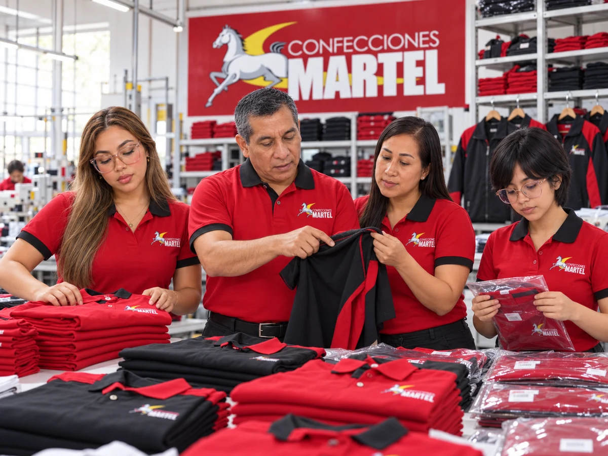 Escena de presentación con personas revisando prendas rojas y negras y preparando piezas dobladas.