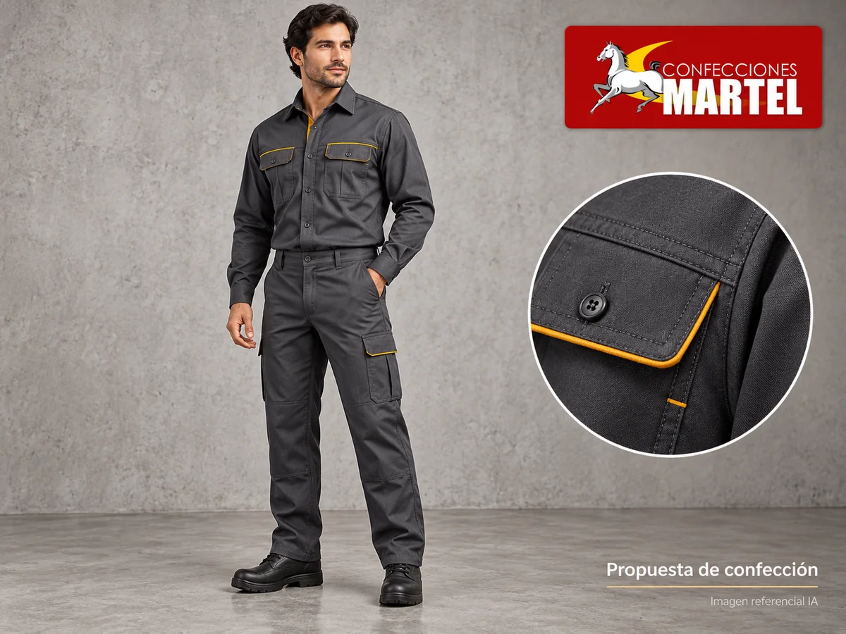 Adulto ficticio con camisa de manga larga, vivos mostaza y pantalón cargo grafito; detalle de bolsillo y costura.
