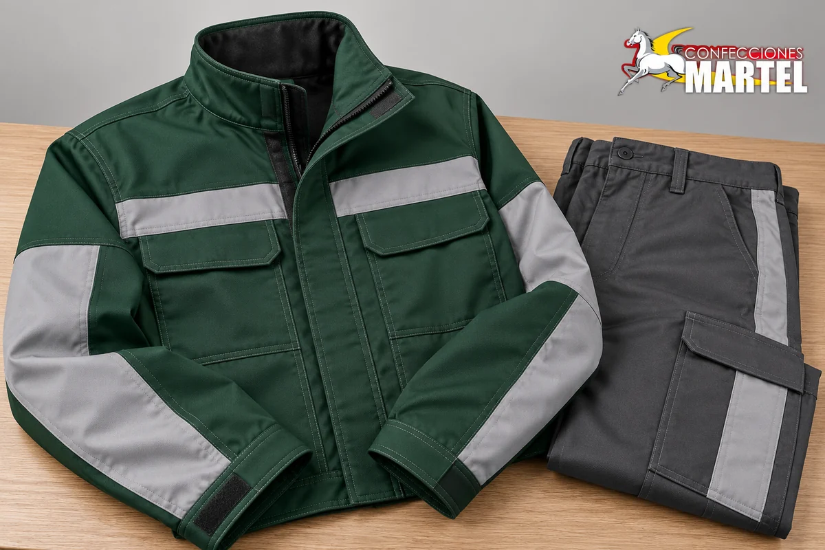 Detalle de cuello, bolsillos y costuras de casaca verde junto a pantalón grafito plegado.