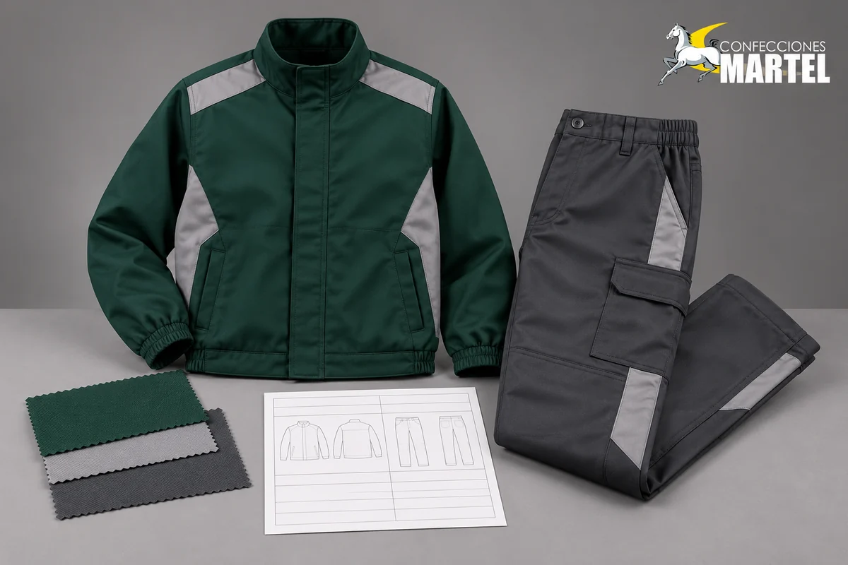 Casaca verde y pantalón grafito junto a muestras textiles y hoja con dibujos de prendas sin datos.