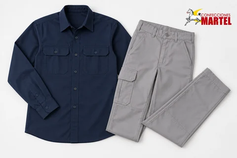 Camisa azul marino de manga larga y pantalón gris piedra dispuestos sobre fondo claro.