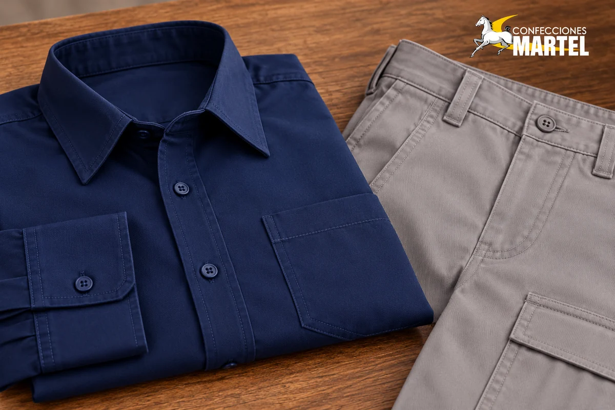 Detalle del cuello y puño de camisa marino junto a cintura y bolsillo de pantalón gris.