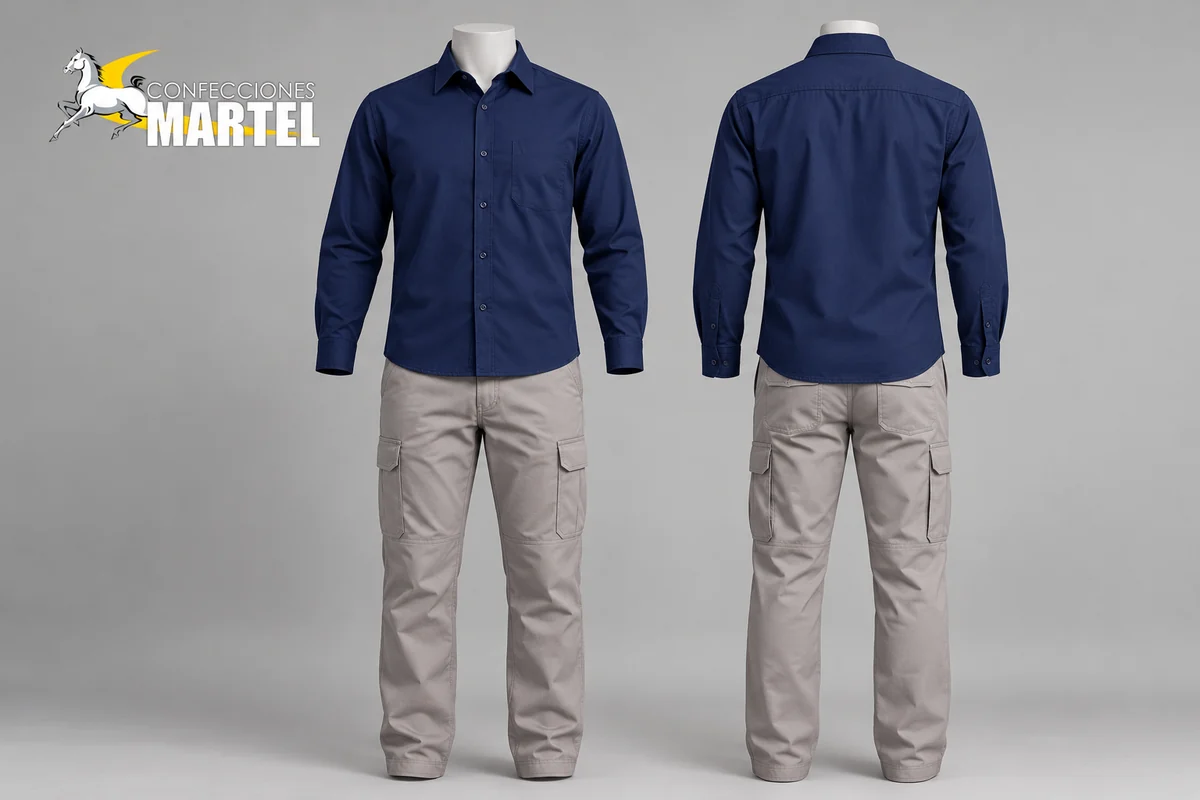 Vista frontal y posterior de camisa marino y pantalón gris sobre maniquíes sin cabeza ni manos.