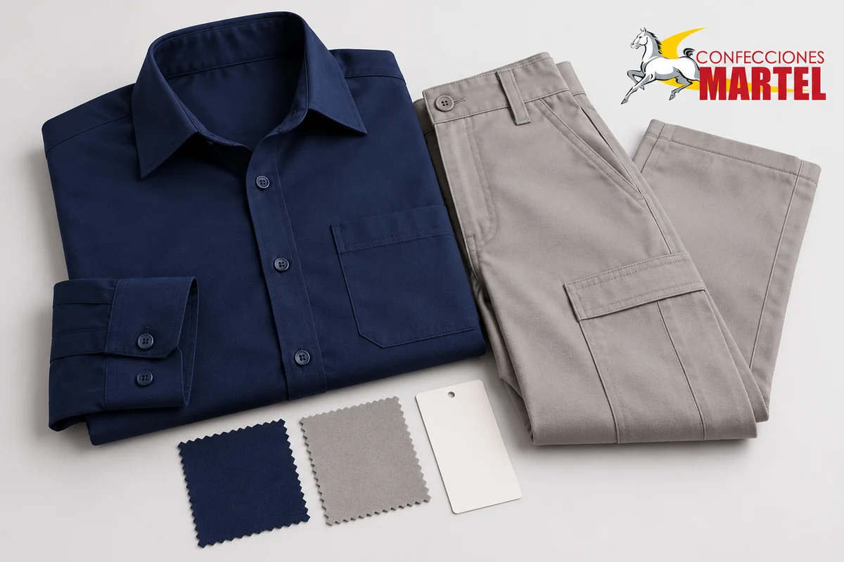 Camisa marino y pantalón gris plegados junto a muestras textiles y tarjeta blanca sin texto.