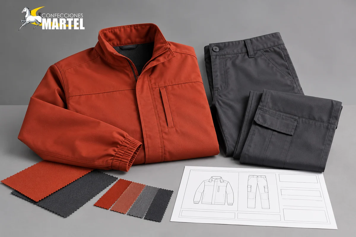 Casaca terracota y pantalón grafito plegados junto a telas y ficha con dibujos sin datos.