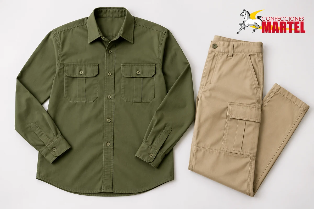 Camisa verde oliva de manga larga y pantalón cargo arena extendidos sobre fondo blanco.