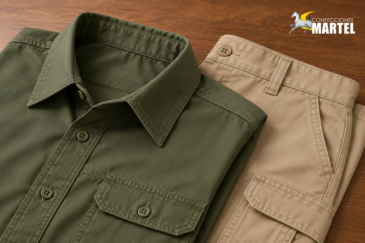 Detalle del cuello, botones y bolsillo de camisa oliva junto a la cintura y costuras de un pantalón arena.