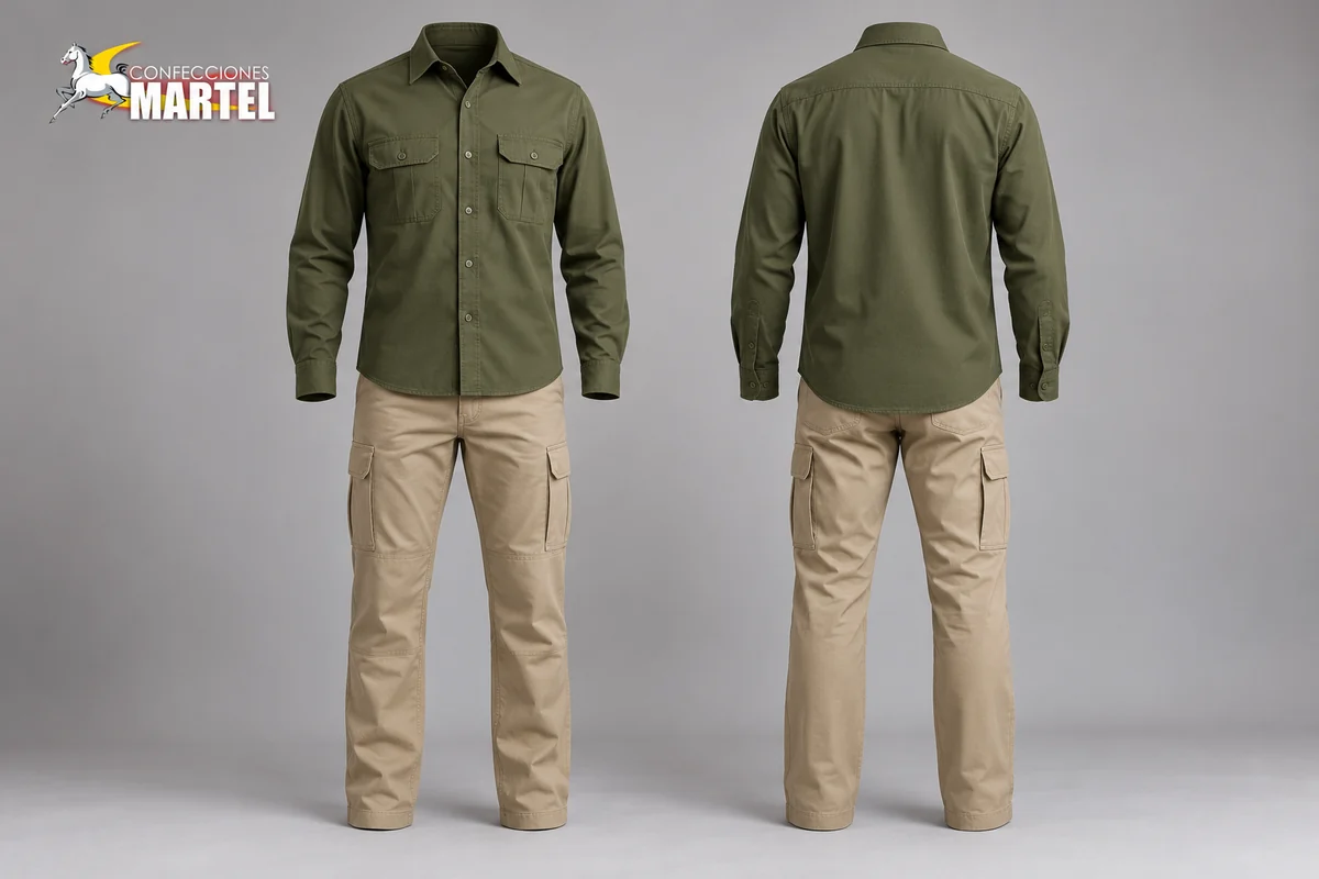 Vista frontal y posterior de camisa oliva y pantalón arena en soportes de producto sin cabeza.