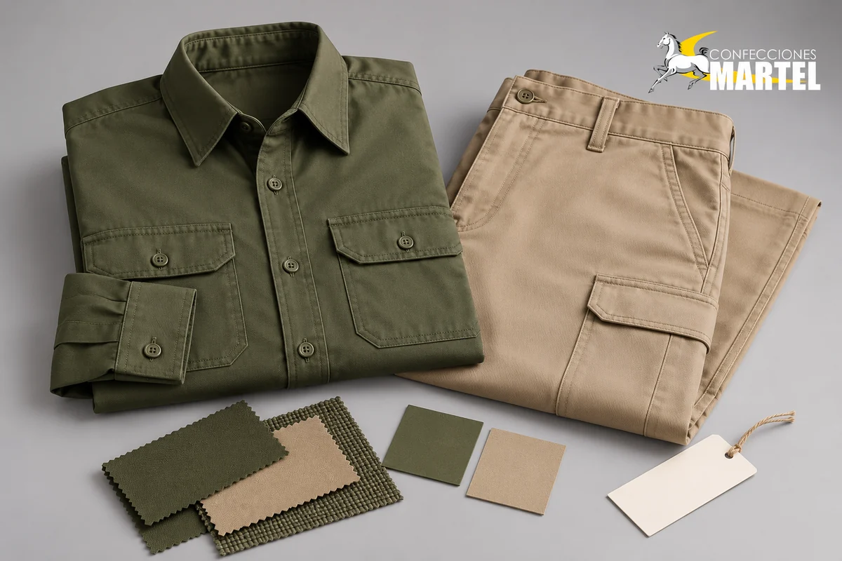 Camisa oliva y pantalón arena plegados junto a muestras textiles y una etiqueta sin texto.