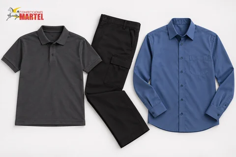 Polo gris oscuro, pantalón negro y camisa azul acero dispuestos sobre fondo blanco.