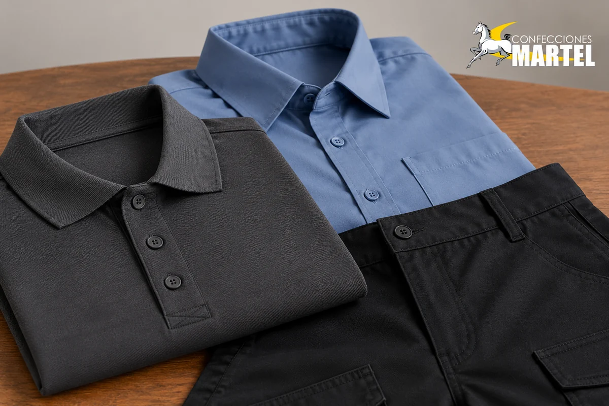 Detalle de cuellos, botones y costuras de polo gris y camisa azul junto a la cintura de un pantalón negro.