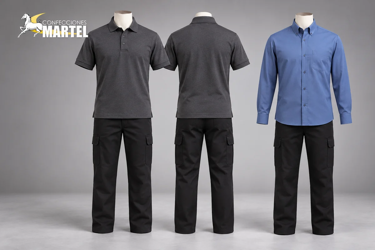 Frente y espalda de polo gris con pantalón negro, junto a camisa azul en maniquíes sin cabeza ni manos.