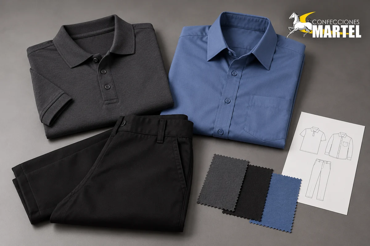 Polo gris, camisa azul y pantalón negro plegados junto a muestras textiles y dibujos de prendas sin datos.
