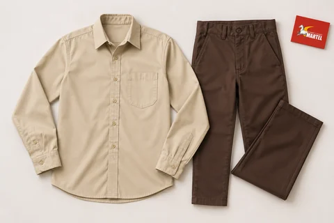 Camisa beige y pantalón chocolate extendidos sobre fondo claro.