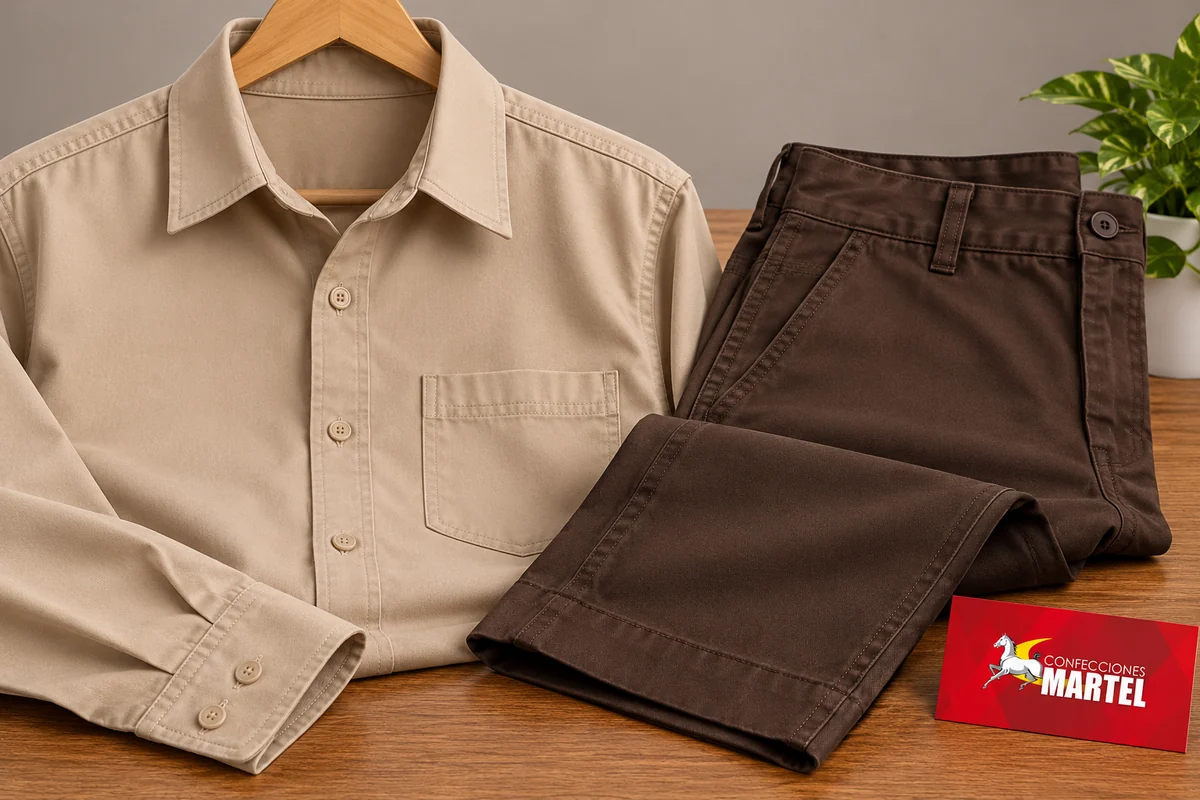 Cuello, botones y puño de camisa beige junto a cintura y dobladillo de pantalón chocolate.
