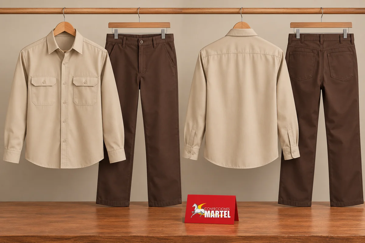 Camisas beige y pantalones chocolate vistos de frente y espalda en perchas de madera.
