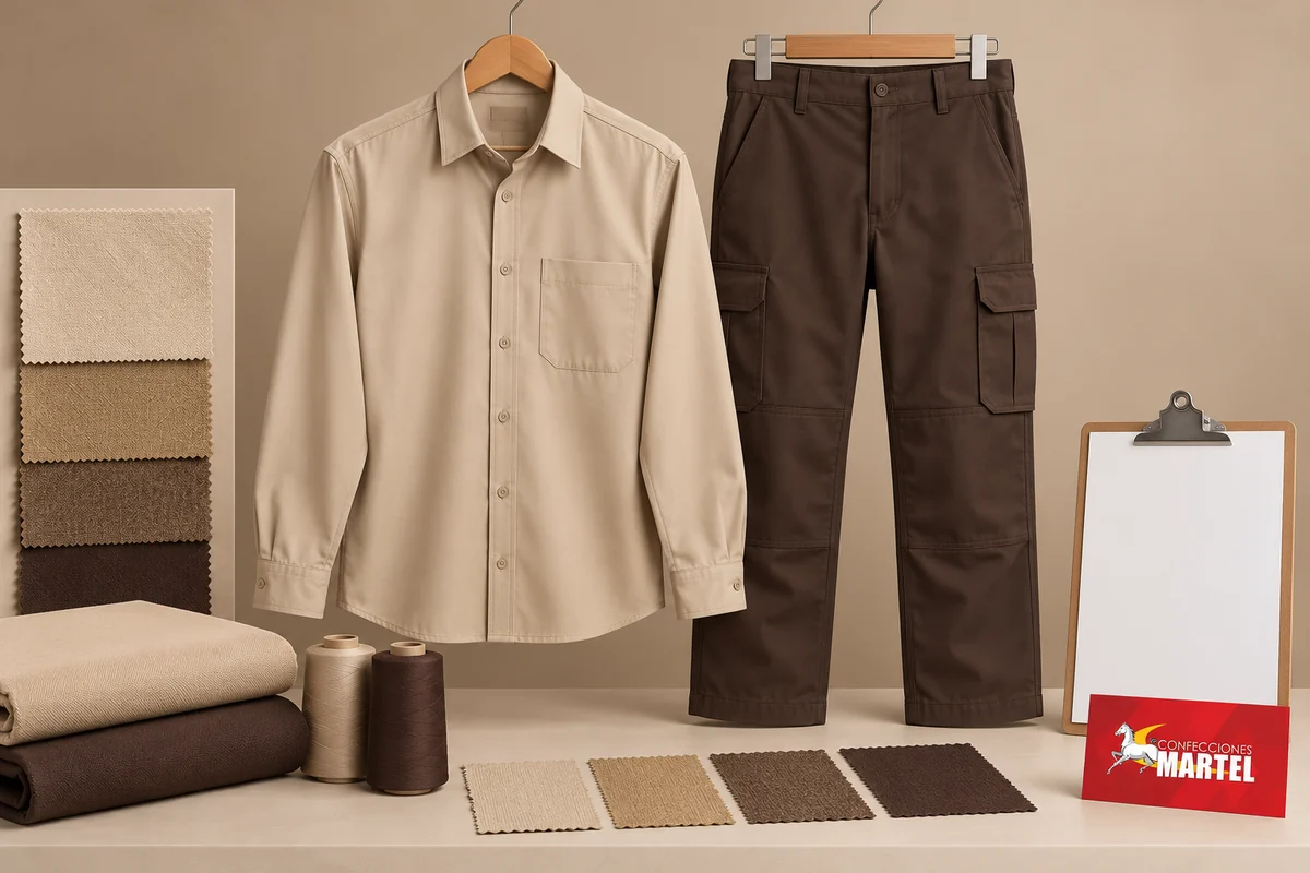 Camisa beige y pantalón chocolate con bolsillos laterales en perchas, junto a muestras textiles y una ficha en blanco.