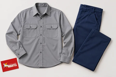 Camisa gris acero con dos bolsillos y pantalón azul marino dispuestos sobre fondo claro.