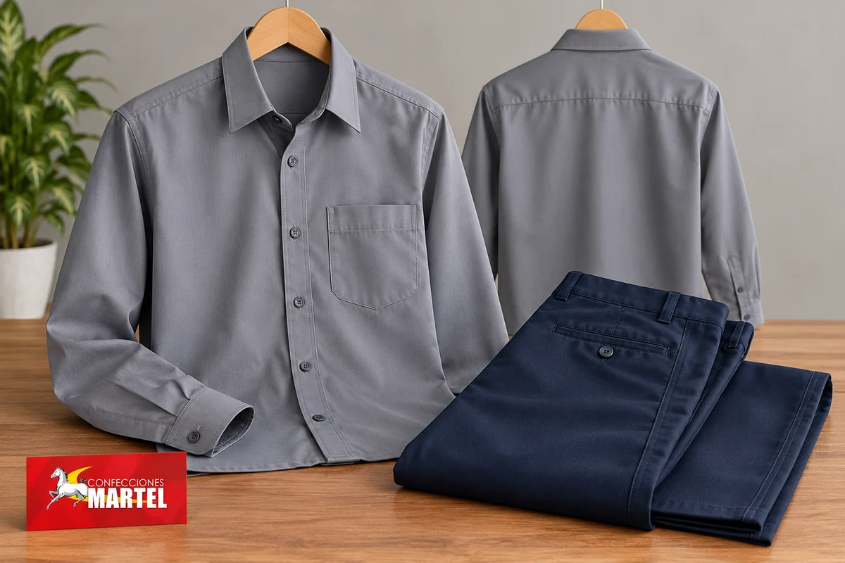 Detalle de cuello, botonadura y puño de camisa gris junto a un pantalón azul marino doblado.