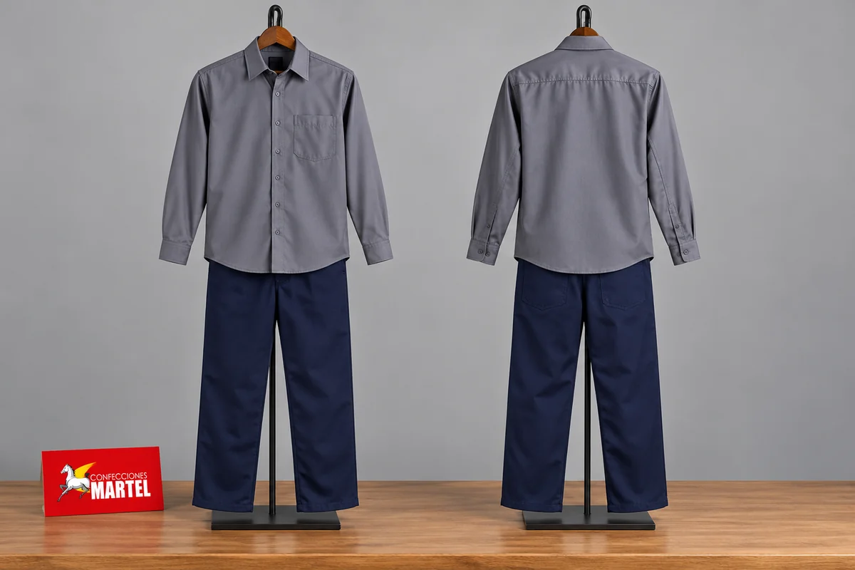 Conjuntos de camisa gris y pantalón azul marino de frente y espalda en soportes con perchas.