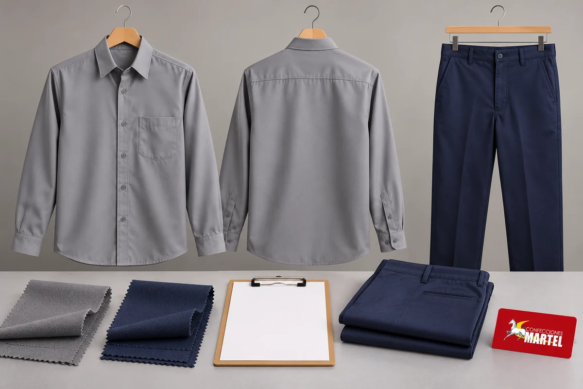 Camisas grises y pantalones azul marino junto a muestras textiles de ambos colores y una ficha en blanco.