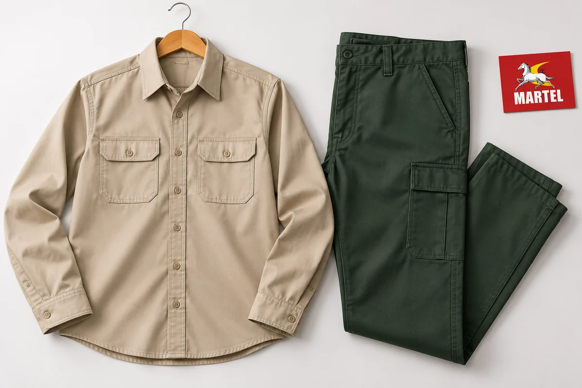 Camisa arena con bolsillos de tapa y pantalón verde bosque sobre fondo claro.