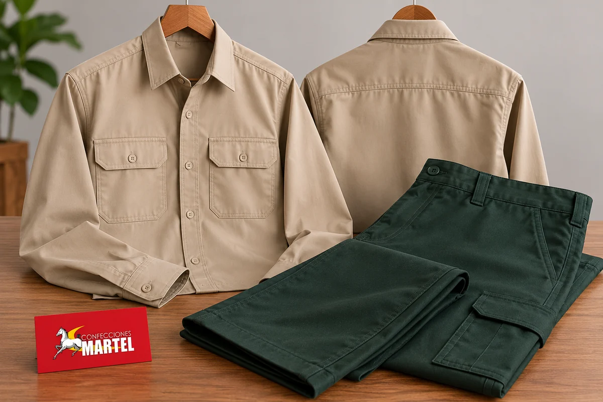 Cuello, bolsillos y puño de camisa arena junto a cintura y bolsillo lateral de pantalón verde bosque.