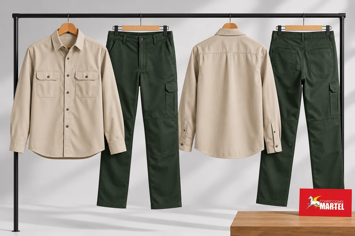 Camisas arena y pantalones verde bosque colgados en perchas, vistos de frente y espalda.
